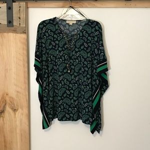 Navy and Green Paisley Peasant Blouse Lace Up XS